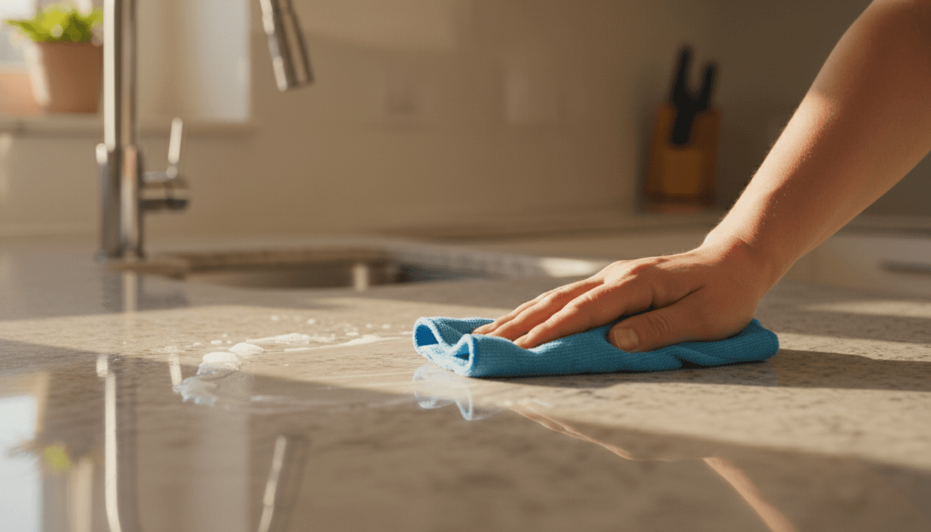 Hands cleaning kitchen countertop with professional attention to detail