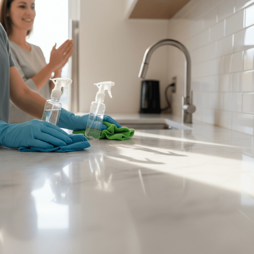 Professional cleaning supplies and polished kitchen surface