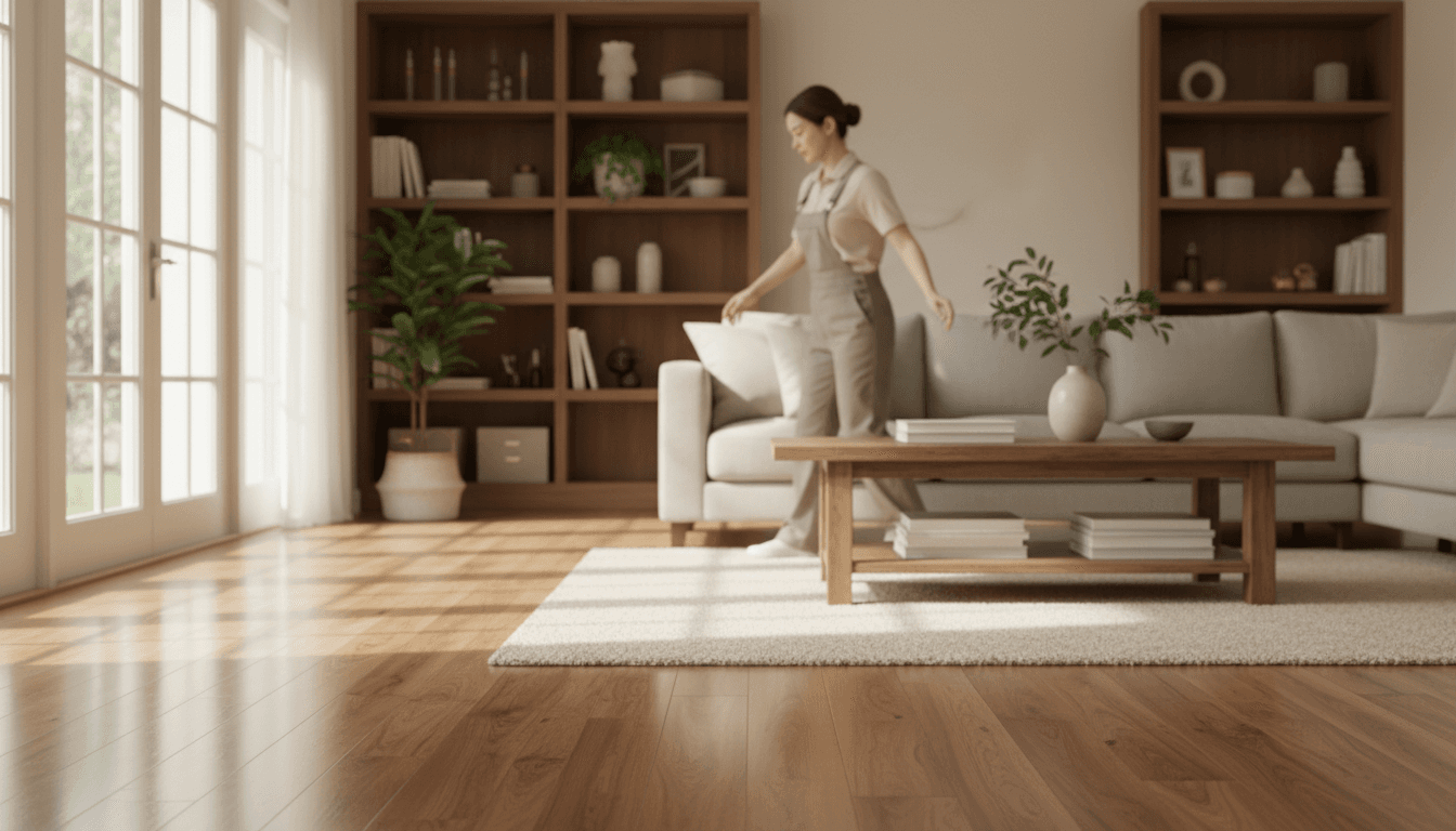 Professional cleaner finishing touches on a spotless residential living room with natural light