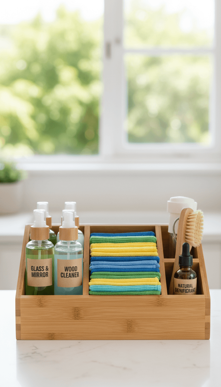 Professional cleaning supplies and eco-friendly products neatly organized