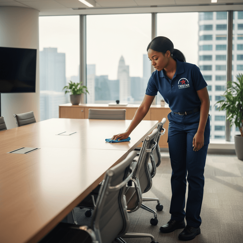 Black woman in TRISTAR MKM uniform cleaning office table with natural light