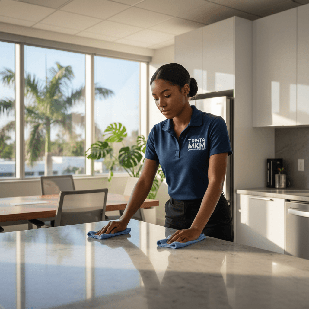 Black woman in TRISTA MKM uniform cleaning a modern office kitchen countertop