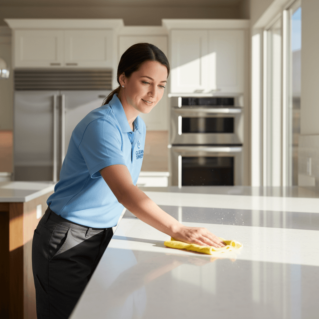 Professional cleaner wiping kitchen countertop