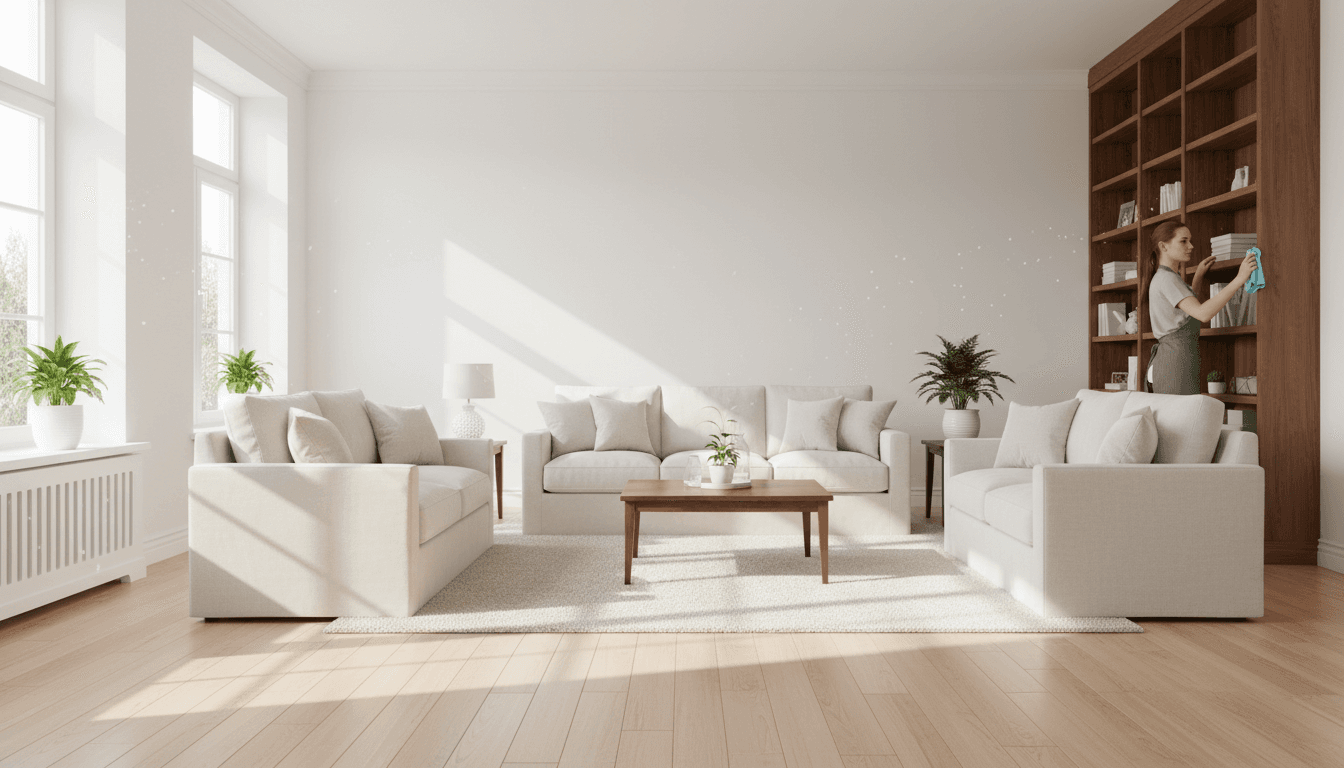 Freshly cleaned living room with professional cleaner in background