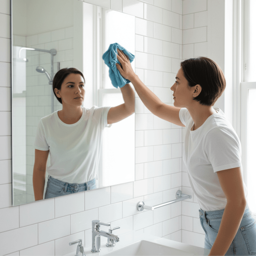 Professional cleaner polishing bathroom mirror