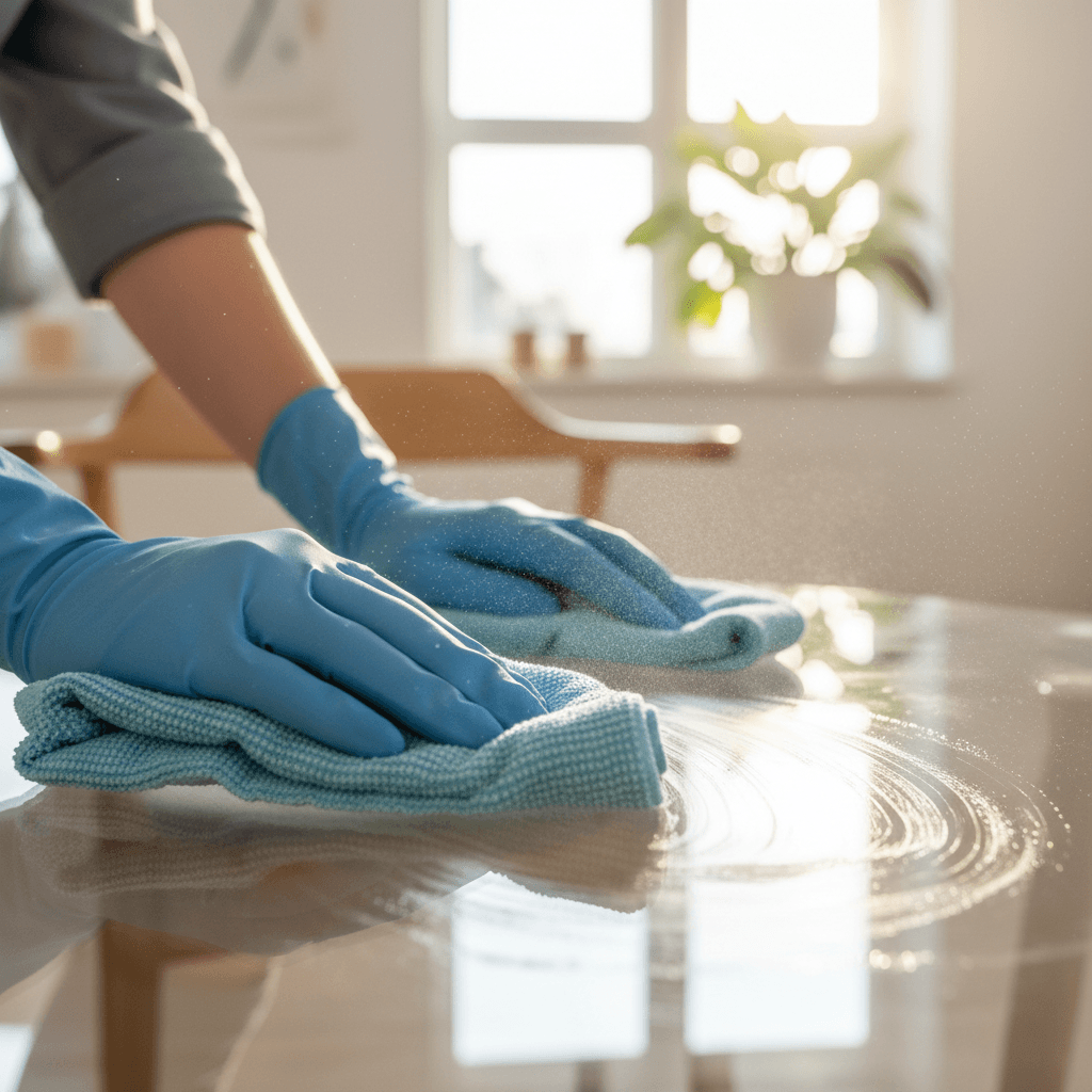 Professional cleaner polishing glass with microfiber cloth