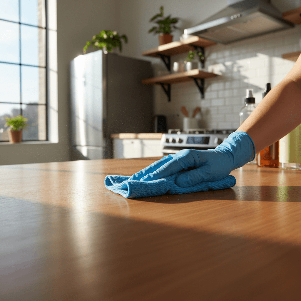 Professional cleaning a kitchen countertop with microfiber cloth