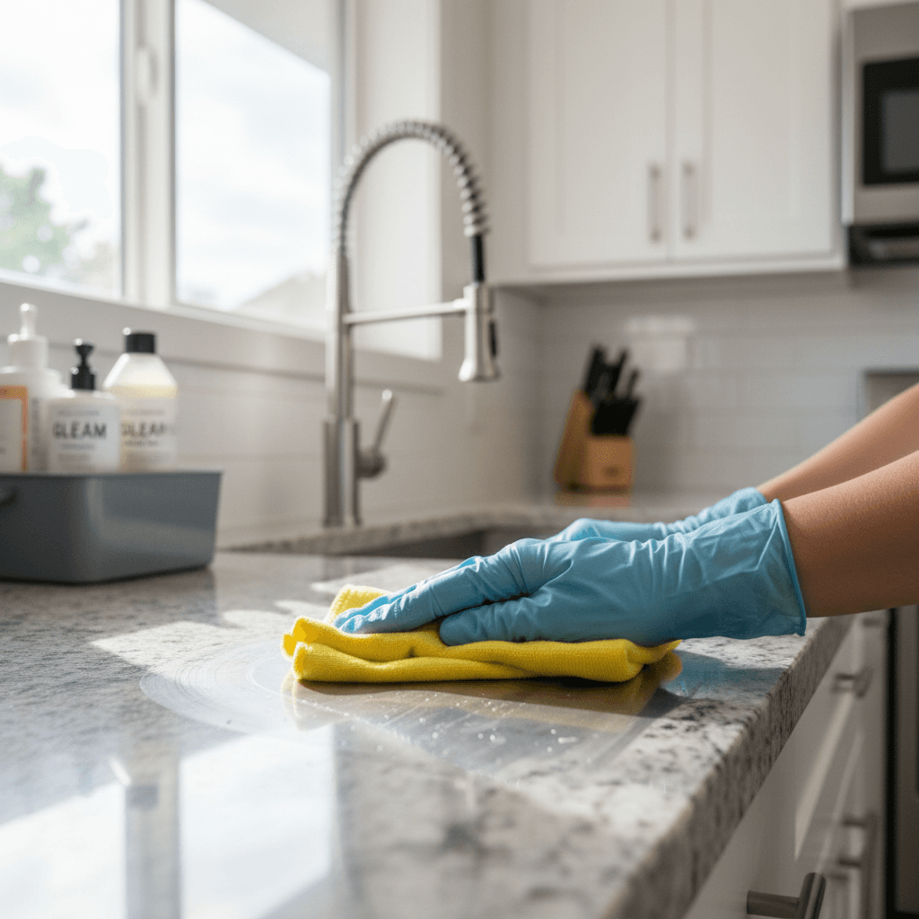 Professional cleaning a home kitchen countertop with microfiber cloth