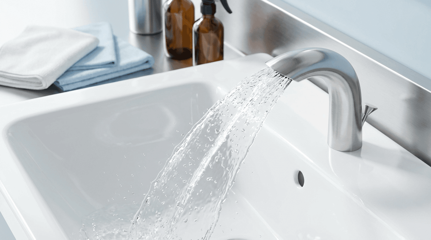 Detailed bathroom sink and faucet being sanitized